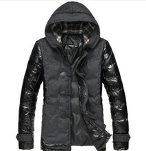 2015 Men’s Casual Cotton Padded Coat W/hood Patchwork PU Sleeve Mens Winter Jackets And Coats Stylish Jaqueta Inverno Masculina