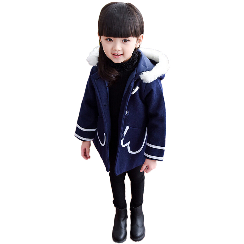 Buenos Ninos 2015 Winter New Baby Girls Woolen Hooded Coats Kids Solid Color White Border Full Sleeved Long Outerwear