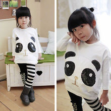 2016 New Fashion Kids Girls Clothes Baby Girls Kawaii Batwing Long Sleeve Panda T-Shirt Top+Striped Leggings 2PCS Children Set
