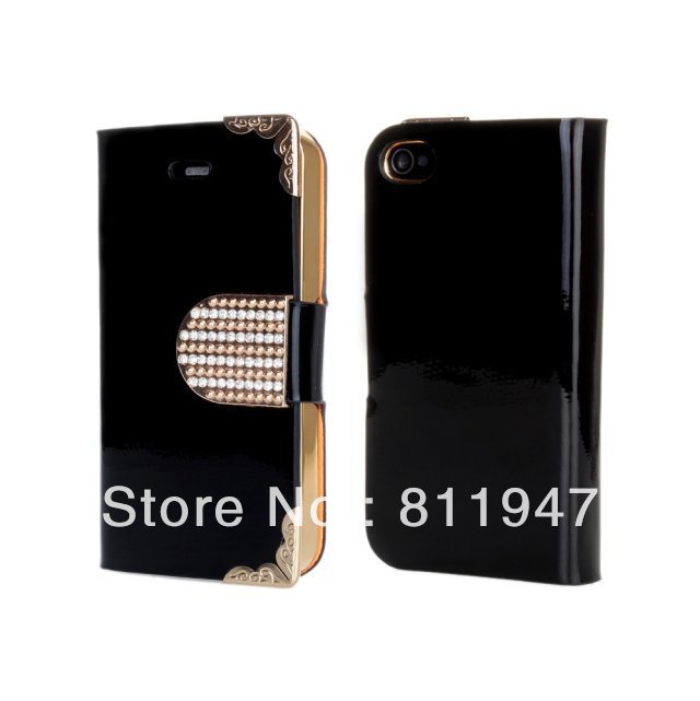 For iPhne 4 4S Case,Bling Diamond Wallet PU Flip Leather Case Cover With Credit Card Slot Pouch For iPhone 4 4S 4G