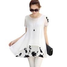 Fashion Korean Womens Girl Shirt Chiffon Floral Print Short Sleeve Summer Blouse Tops