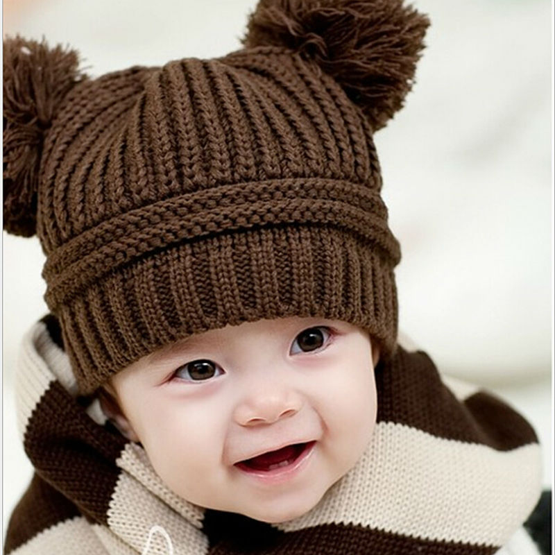 Hot Sale Baby Kids Dual Ball Knit Sweater Cap Hats Winter Warm Knitted Hat free shipping