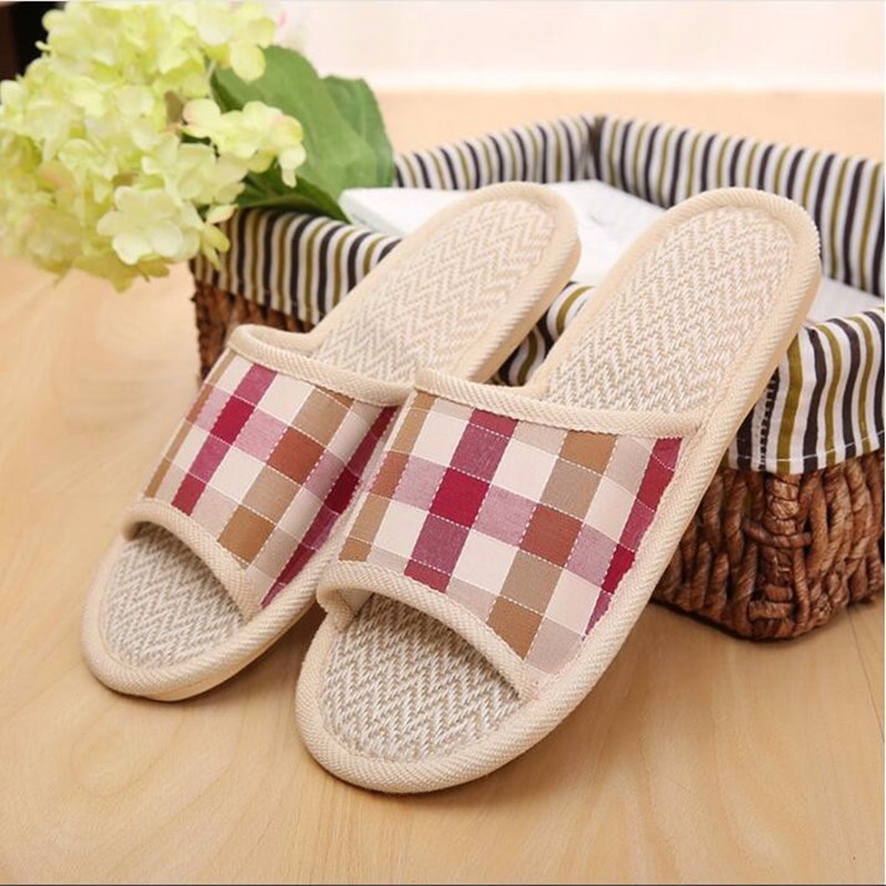 Fashion Design font b Tartan b font Lovers Sandals Summer Indoor Slippers Flat Cany Mat Linen