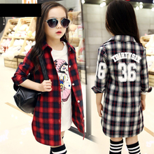 casual big girls plaid long shirt coats red black gray spring summer 2016 girl tops kids long sleeve letter shirts clothes
