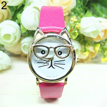 Fashion Unisex New Wristwatches Women s Men s Cute Glasses Cat Case Faux Leather Analog Quartz