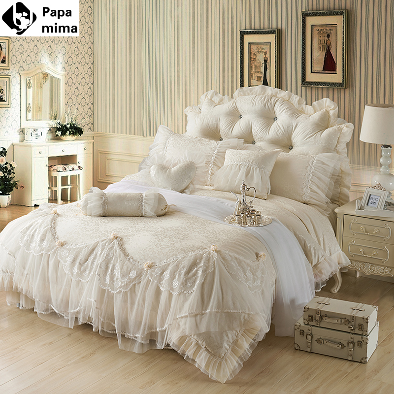 Light white Jacquard Silk Princess bedding set 4pcs silk Lace Ruffles duvet cover bedspread bed skirt bedclothes king queen size