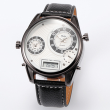 Three Time Zone Army Military OULM 3581 Men Watch With Leather Strap Quartz Japan Movt Quartz
