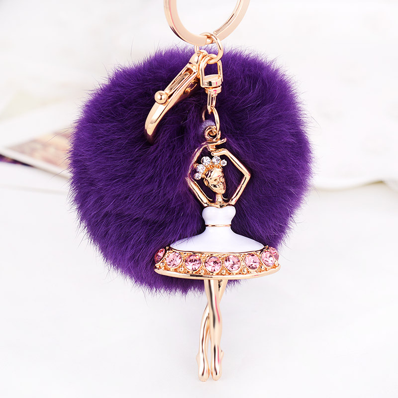 Onnea Personalized Cute Dancing Girl Keychains Rabbit Fur Ball Keychains Rhinestone Pompom Key Chain Women Car