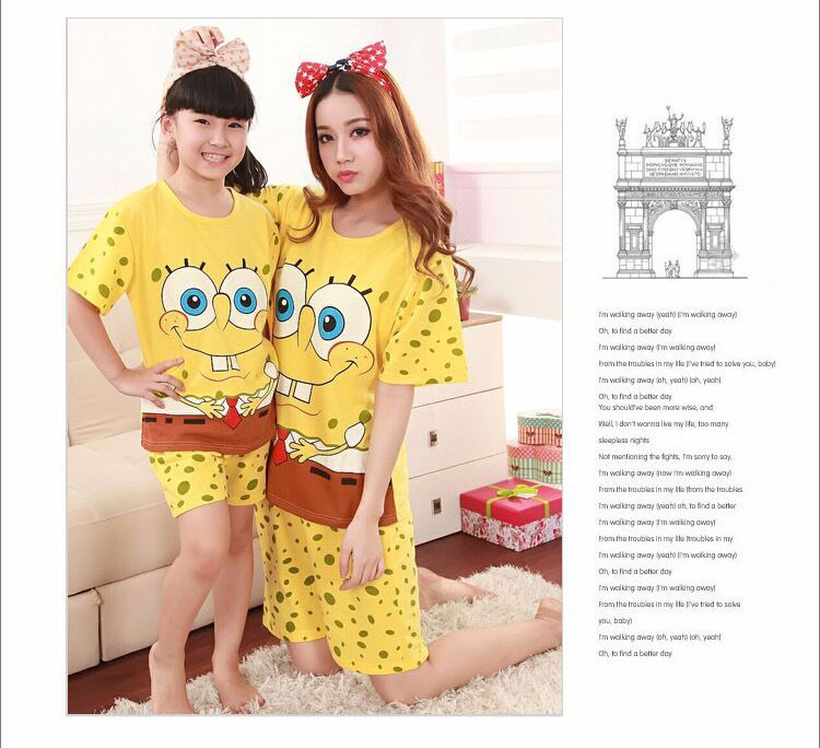 11 Matching Family Clothes Cartoon SpongeBob T-shirt+Short Pants Loose Family Set Clothes Mother Daughter Dad Son Matching Clothes