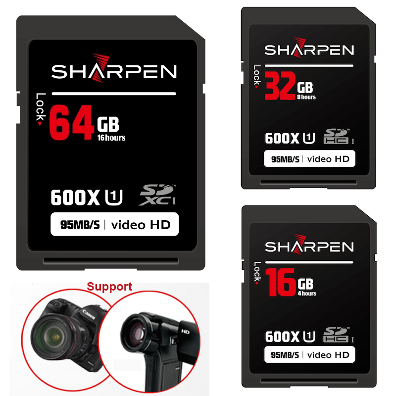 SD Card 600X SHARPEN BRAND SDXC 64GB SDHC 32GB 16G SD Card 90MB/S - 95MB/S Memory Card for Nikon Canon Digital SLR / DSLR Camera