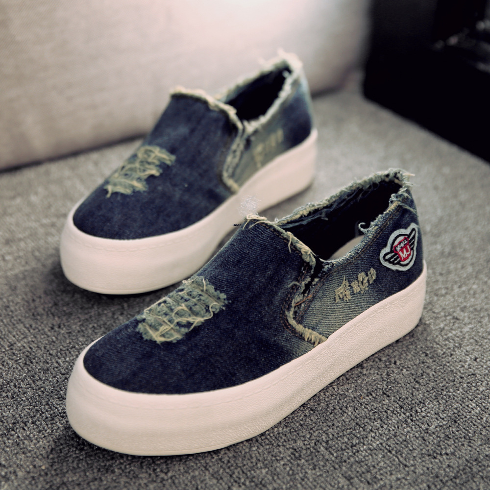 New Womens Flats 2016 Casual Jean Canvas Casual Slip On Round Toe Thick Sole Vintage Shoes
