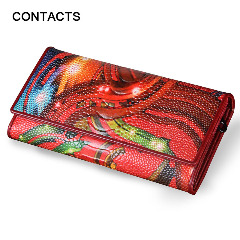 New Fashion Leather Women Wallet Vintage Flower Printed Ostrich Red