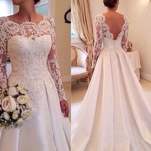Vintage Lace Applique Satin Sheer Long Sleeves V Back Bridal Wedding Dress 2015 Robe De Mariage