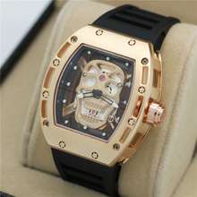 New Luxury RM2016 Super Cool Personalized Tonneau Hollow Skull Head Men Women Wristwatches human skeleton Rubber Men Watch Clock