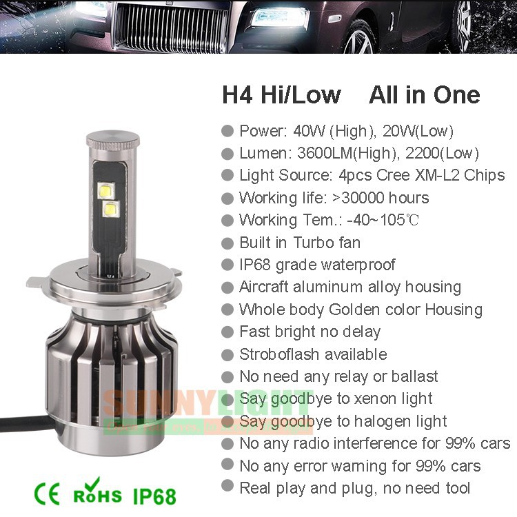 12- h4 40W high low light led headlight for car automobile head fog drl lamp