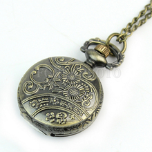 Retro Vintage Bronze Butterfly Flower Hollow Quartz Pocket Watch Chain Necklace