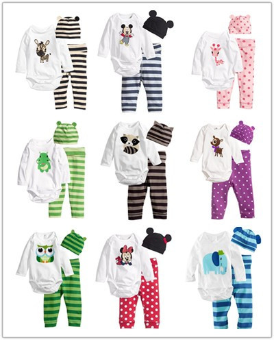 2015 New Fashion Carters Baby Boy Clothing Set Romper Hat Pants Infant Newborn Baby Girls Clothes