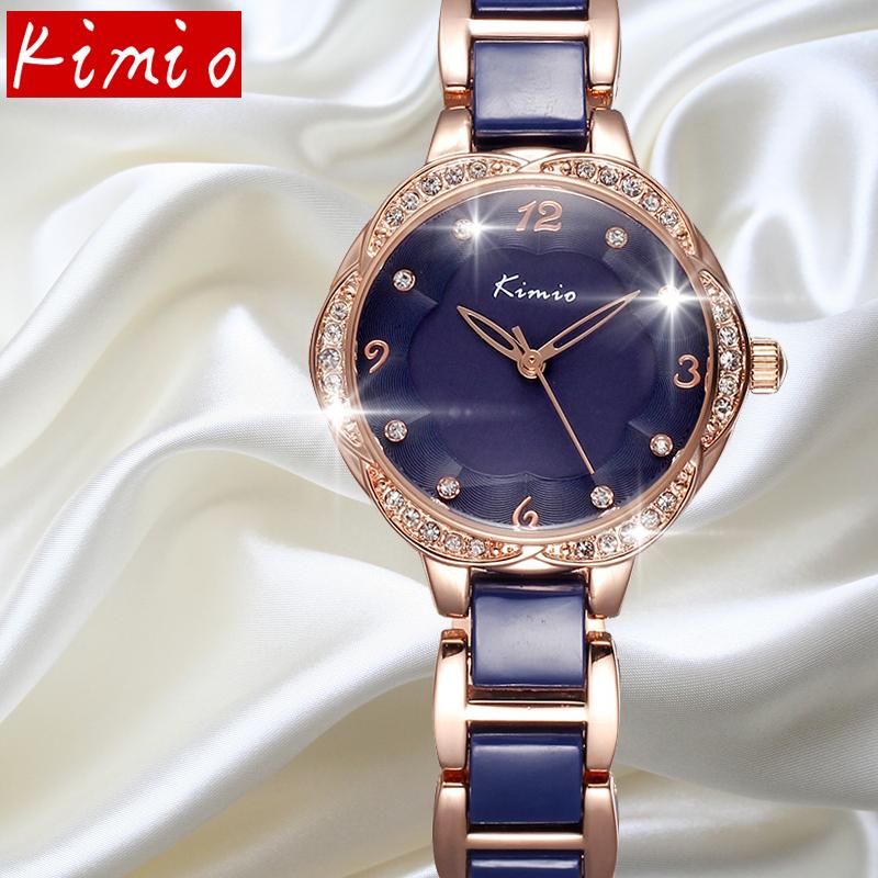 Здесь можно купить   KIMIO Brand Rhinestone Flower Case Ceramic Band Women Watches Fashion Rose Gold Quartz Watch Clock Office Lady Relogio Feminino  Часы