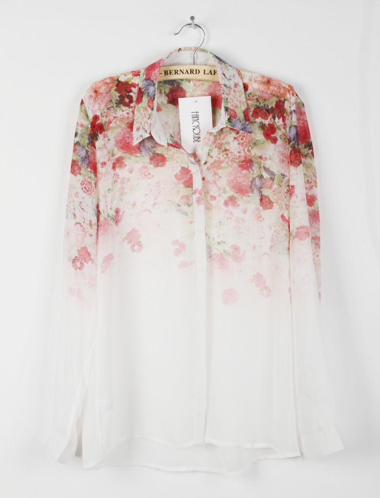 Hot Sell New 2015 Fashion Women Chiffon Blouses Women Flower Print Lapel Casual Chiffon Long Sleeved Shirts Women Tops 