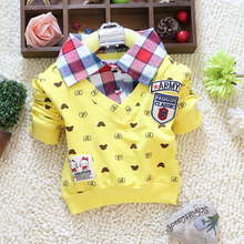 2015 spring autumn baby boy long sleeve t shirts Little bear cartoon plaid lapel cotton boy