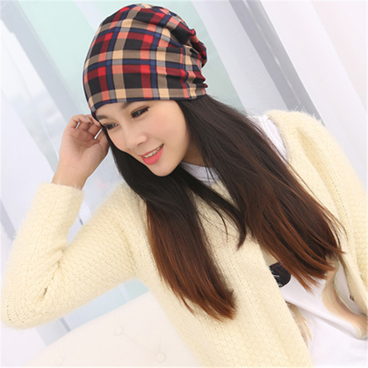 2015 Autumn Winter Caps font b Plaid b font Cotton Hat Unisex Beanies Muffler Hats Scarf
