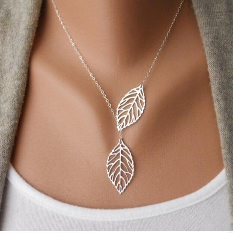 2015 Hot Fashion Gold Silver Plated Chain Necklace Leaf Casual Beads Long Strip Pendants Gifts Women
