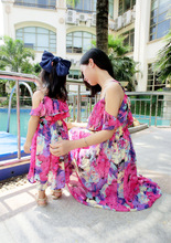 New 2016 Mom and Daughter Dress with Belt Long Maxi Summer Style Vacation Dresses Family Beach Dress Chiffon Girls & Women Dress