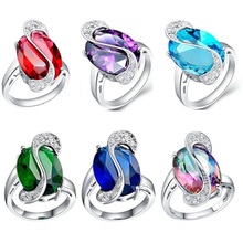 Luxury Brand Noble Big Emerald Turquoise Purple Ruby Dark Blue Rhinestone Colorful Simulated Diamond Rings Jewelry for Wedding
