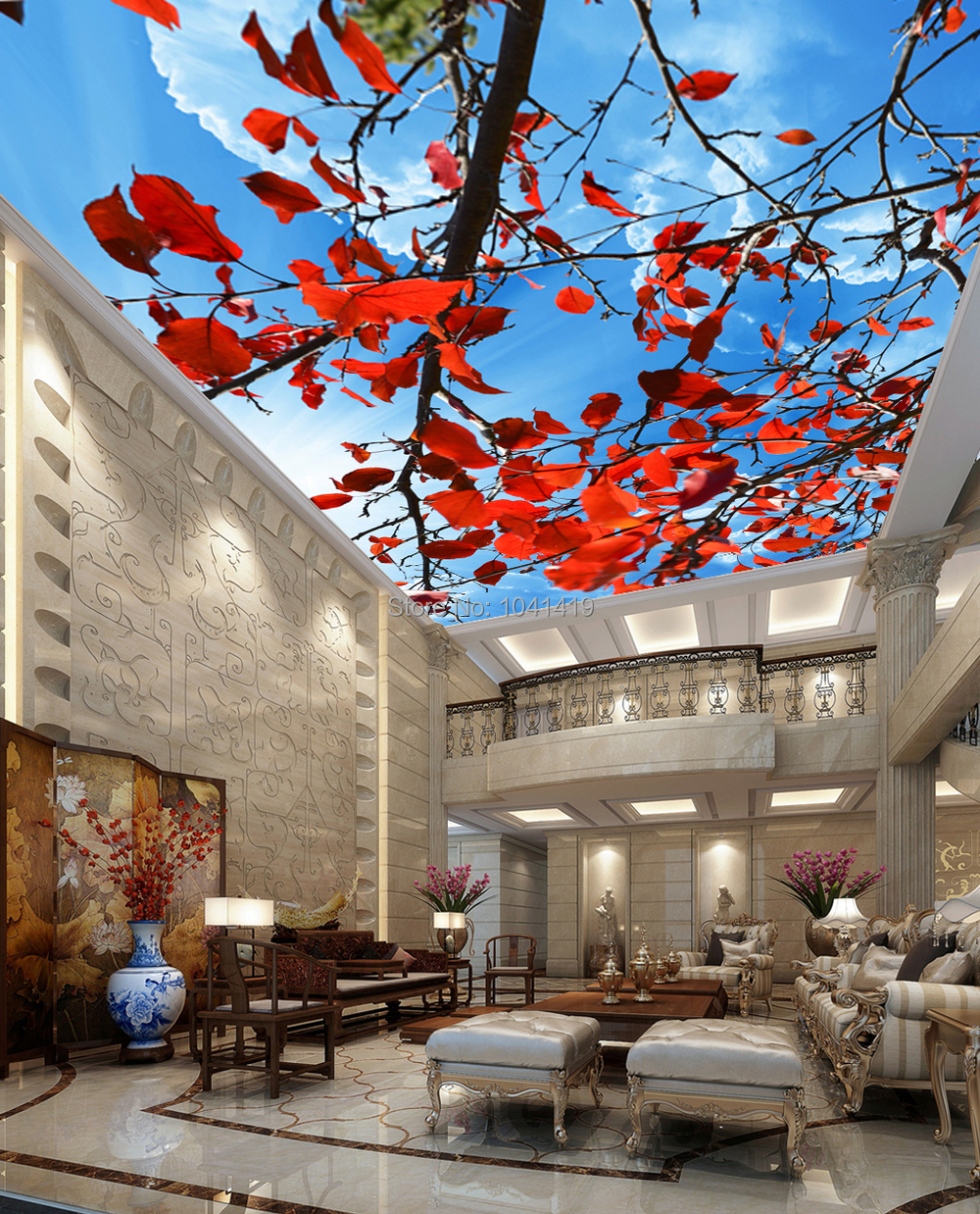Custom Large 3D Stereo Ceiling Mural Wallpaper Red Leaves Nature