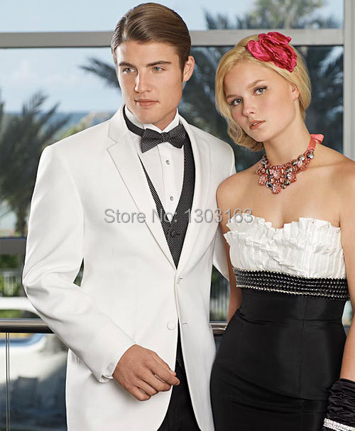 2014 Custom Made White 1 Buttons Groom Tuxedos Lapel Groomsmen Men Wedding Suits(Jacket+Pants+Vest+Tie) Free Shipping