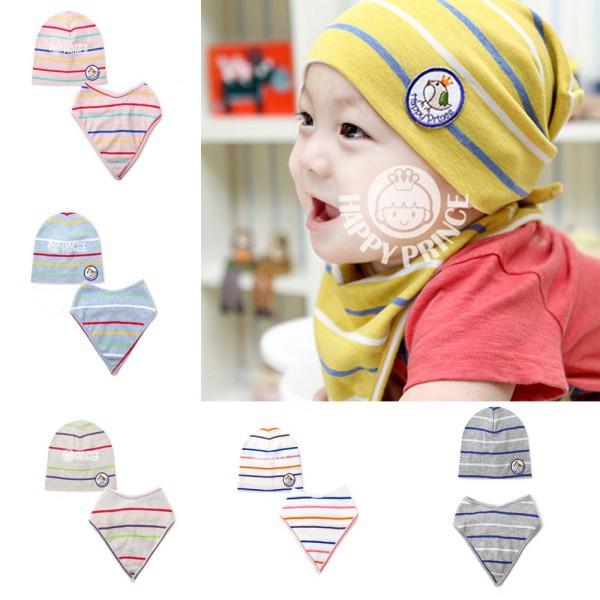 Hot Sales 2Pcs Sets Spring Baby Boys Girls Clothes Stripe Soft Cotton Hat Cap Triangle Bib