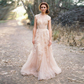 2016 Dusty Pink Boho Wedding Dresses A Line with Cap Sleeves V Neck Lace Appliques Sheer