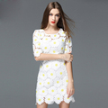 2016 Brand Designer White Lace Dress Women s High Quality Short Sleeve Daisy Floral Embroidery Cutout