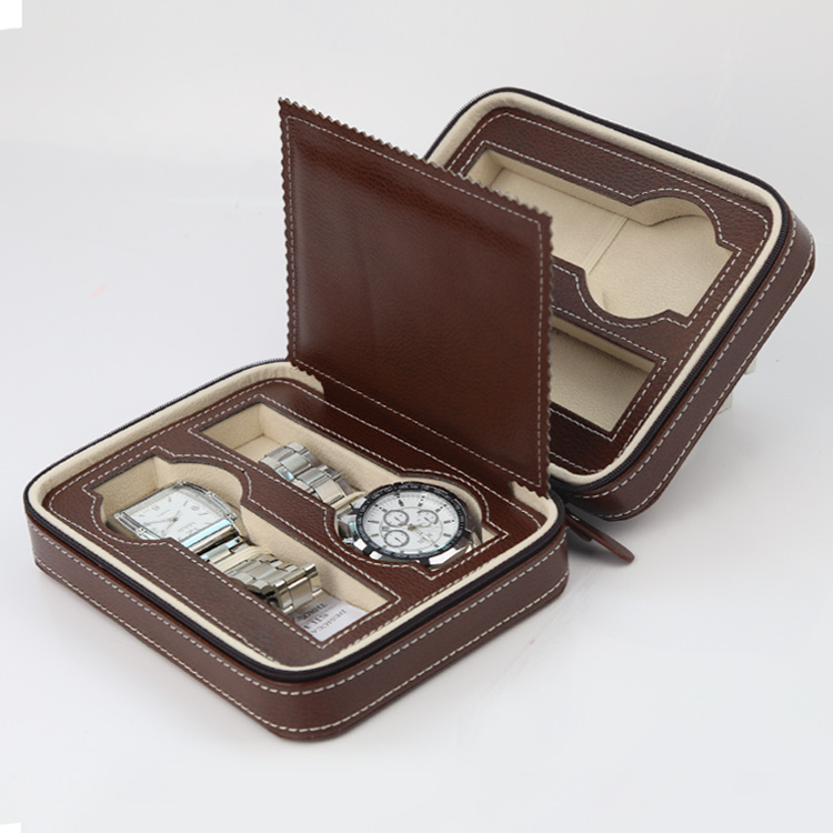 Luxury Brown Zippered Leather Watch Travel Case Sport Storage Box Watch
