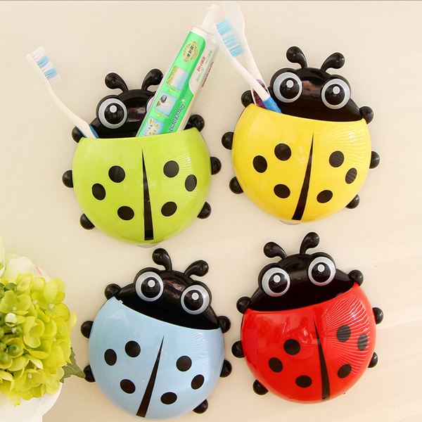 1pc 4Colors New Funny Cartoon Toothbrush Holder Ladybug Sucker Suction Hook Bathroom Accessories Set Free Shipping
