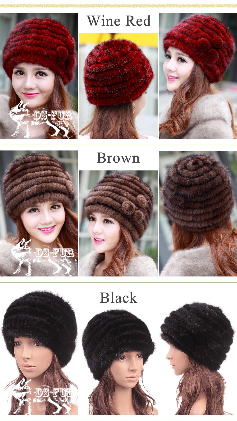 Knitted mink fur hat Flower 01