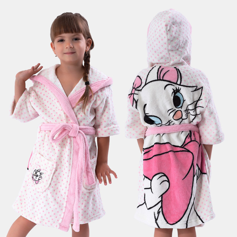 Girls White Bathrobe With Hood Coral Fleece Printed Cat Roupão Infantil ~ Girls White Bathrobe With Hood Coral Fleece Printed Cat