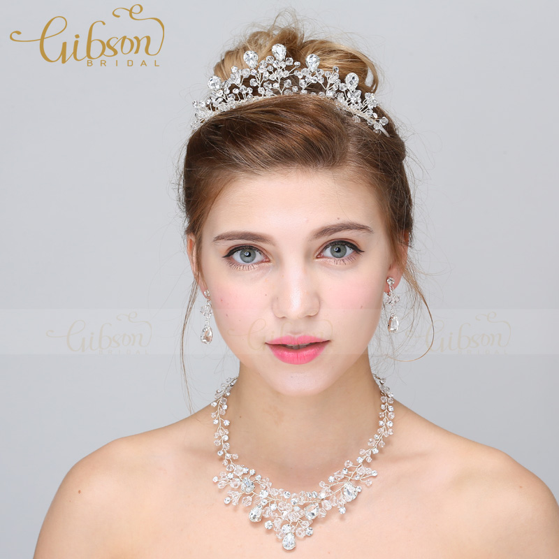 Bride Wedding Party Prom Crystal Rhinestone Drop Necklace Earring Tiara Wedding Accessories Jewellery Set