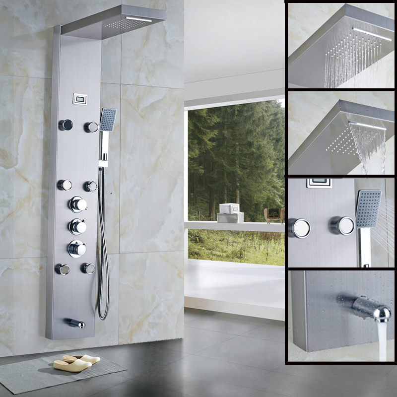 Rain Waterfall Shower Panel 6pc Massage Jets Thermostatic Shower Faucet with Hand Shower Tub Spout Tower Shower Column