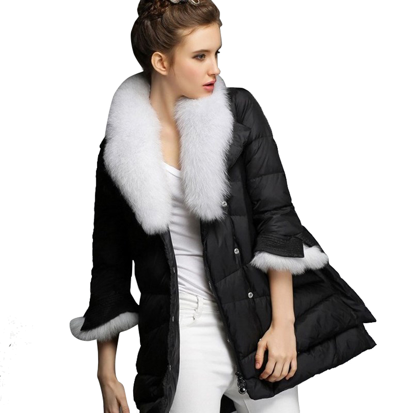 Europe Women's Winter Jacket 2015 Fur Collar Winter Coat Women Parka Long Coat Female A-Line White Duck Down Jackets Plus Size