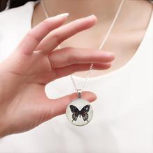 Vintage Fine Jewelry Glass Cabochon Necklace Pendant Butterfly Statement Chain Necklace Silver Color Jewelry for Women