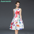 Vintage Floral Print Dress Sleeveless White Dress Fashion 2016 Women Summer Dress Wedding Party Vestidos Plus