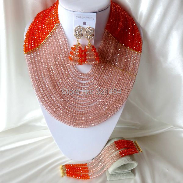 Fashion luxury Nigerian African Wedding Beads Jewelry Set 15 layers Orange Peach Crystal Necklaces Bracelet Earrings CRB-1075