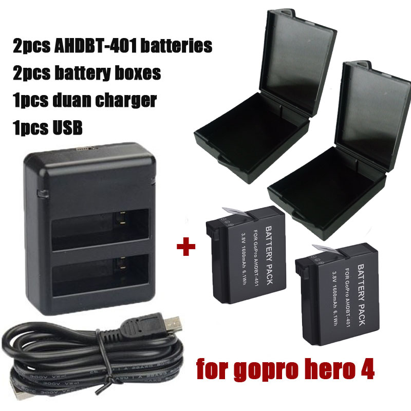 2PCS 3 7V 1600mAh Li ion Digital Batteries Hero 4 Gopro Go Pro Hero4 Battery Dual