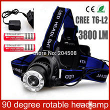 Free Shipping Ultra Bright 2000 LM CREE XLM-L2 T6 LED Headlamp+2X18650 batteries+charger 90 Degree 3 Modes Rotable LED Headlamp