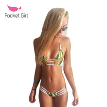Pocket Girl 2016 New Nuevo Vendaje Halter Swimsuit Bikini Set Costume Biquini Brazilian Sexy Top Thong Mujer Brasileno Trikini
