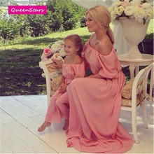 2016 Summer Pink Family Matching Outfits Beach Maxi Long Dress Chiffon Women Kids Clothing Family Look Fitted Loose Off Shoulder