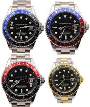 Lujo nuevos hombres de la marca de negro y azul / rojo GMT MASTER II 2 mecánico automático relojes de acero inoxidable hombres reloj auto viento