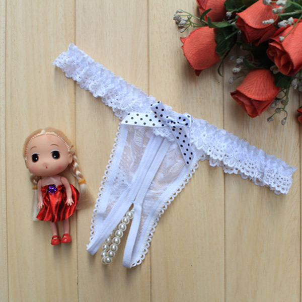 Hot sales Fashion Ladies Pearl Lace Panties G strings Bow knot Open Crotch Underwear