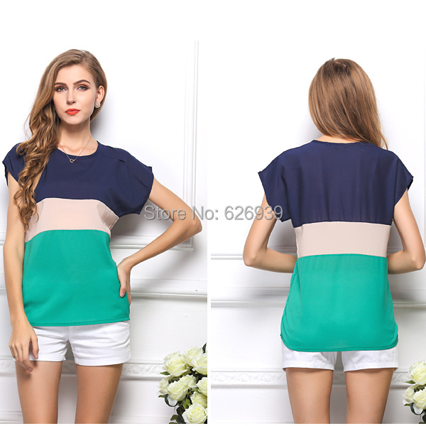 Women s Blouse Plus Size 2015 New Brand Three color Stitching Short Sleeve Women Camisetas Y
